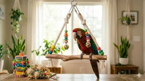A durable, hanging swing perch from Bonka bird toys providing exercise and rest for pet birds.