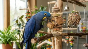 A complex bird puzzle toy that challenges parrots and provides mental stimulation.
