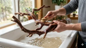 An illustration showing a person scrubbing a manzanita bird perch with a brush and warm water.