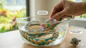 Simple illustration showing a hand cleaning a rope perch for birds to maintain a hygienic environment.