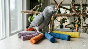 A photorealistic, high-detail 4K photograph capturing an African Grey parrot with a red tail standing on a tabletop next to an array of colorful pumice perches for birds in orange, blue, and yellow.