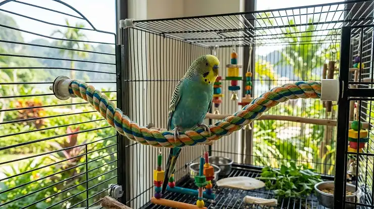 A colorful cotton rope perch for birds curved inside a large wire cage with a parakeet sitting on it.