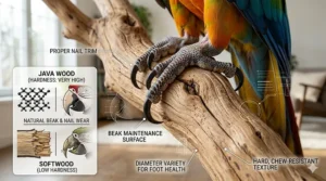 An illustration highlighting the natural hardness of a java wood bird perch that helps trim a bird's beak and nails.
