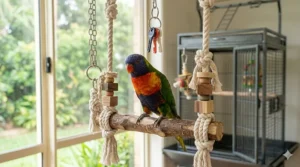 A bird perched on a durable swing toy from the Super Bird Creations collection.