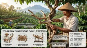 An illustration showing the sustainable harvesting of non-productive coffee trees to make a natural java wood bird perch.