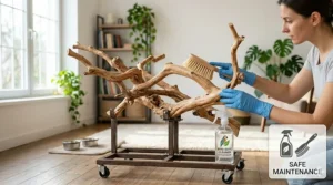 An illustration of a person safely cleaning a java wood bird perch with a scrub brush and bird-safe cleaner.