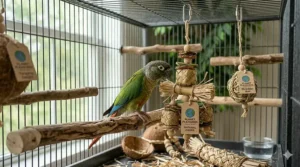 A simple diagram showing how to safely attach Planet Pleasures bird toys to a standard parrot cage.
