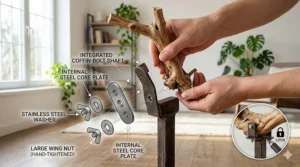 A diagram showing how to attach a java wood bird perch to a wire bird cage using a steel washer and wing nut.