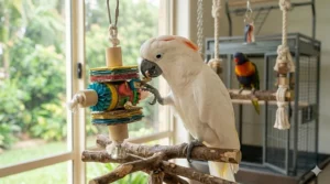 A pet cockatoo playing with an interactive, brightly colored Super Bird Creations toy.
