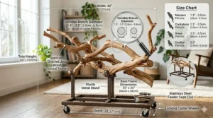 An illustrated size guide for a java wood bird perch showing branch diameter measurements for small to large parrots.