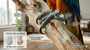 A close-up illustration of a parrot's foot gripping the uneven, natural texture of a java wood bird perch for optimal foot health.