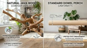 A comparison graphic showing the foot health benefits of a varied-diameter java wood bird perch versus a smooth dowel perch.