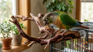 An illustration highlighting how chewing on the hard surface of a manzanita bird perch helps naturally groom a bird's beak.