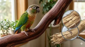 An illustration showing the dense, smooth texture of a manzanita bird perch compared to standard soft wood.