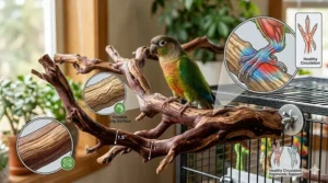 An illustration showing how the irregular diameter of a manzanita bird perch exercises a bird's feet and prevents sores.