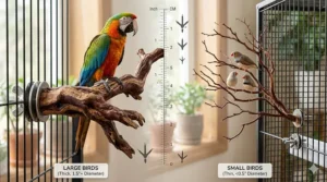 An illustration comparing thick manzanita bird perch sizes for large parrots with thin branches for small birds.