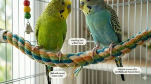 Illustration of two lovebirds sharing a long, multi-colored rope perch for birds.