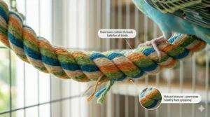 Detailed close-up illustration of the soft, non-toxic cotton fibers used in a rope perch for birds.