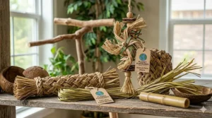 Close-up of sustainable seagrass and palm leaf fibers used in Planet Pleasures bird toys.