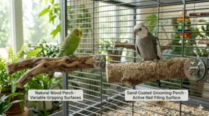 Side-by-side comparison of a standard natural wood branch and a specialized sand-coated bird grooming perch.