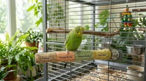 A small parakeet happily rubbing its beak on a pastel-colored bird grooming perch.