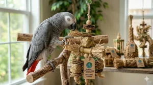 A larger parrot actively engaging with a durable, woven Planet Pleasures bird toy.