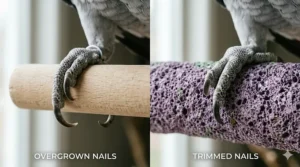 A high-detail, photorealistic 4K comparison showing a bird's foot with long, sharp nails on a wooden perch and the same foot with short, naturally trimmed nails on a purple pumice perch, effectively demonstrating the grooming action.