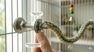 Illustration of the heavy-duty plastic connectors and wing nuts used to secure a rope perch for birds to cage bars.