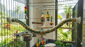 Illustration of a bird cage interior featuring a rope perch for birds positioned near food bowls and toys.