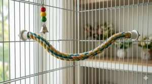 Illustration showing the length and diameter measurements of a flexible rope perch for birds.