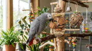 Natural wood and sisal chew toys for parrots designed to keep beaks healthy and trimmed.