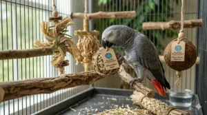 Planet Pleasures bird toys hanging in a cage, showcasing their design for bird-safe play and environmental sustainability.