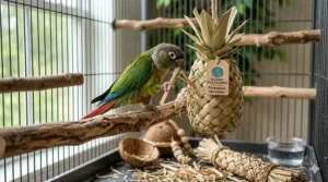 A small parakeet happily shredding and playing with a safe, non-toxic Planet Pleasures bird toy.