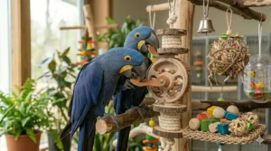 A variety of small, handheld foot toys for parrots to toss and chew for physical activity.