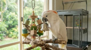 A hanging Super Bird Creations toy featuring bells and beads for bird enrichment.