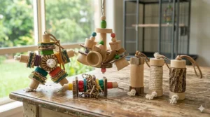 Various Super Bird Creations chew toys made with safe wood and natural materials for birds.