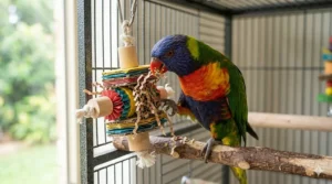 A parrot interacting with a shreddable Super Bird Creations foraging toy in a bird cage.