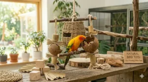 An interactive natural foraging toy filled with safe, bird-friendly nesting materials.