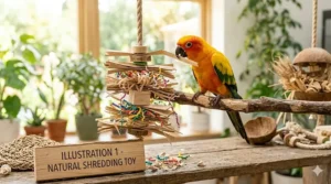 A parrot playing with a natural bird shredding toy made of palm leaf and bamboo.