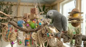 A multi-texture bird swing that provides comfort and activity to help manage plucking.