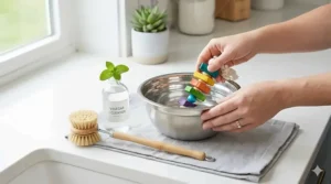 Essential supplies for cleaning bird toys including white vinegar, a scrub brush, and a stainless steel bowl.