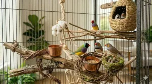 An extra wide breeding finch flight cage with a central mesh divider separating small birds