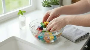 Wood and plastic bird toys soaking in a natural vinegar and water solution to disinfect safely.