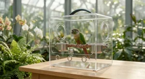 Transparent acrylic bird travel carriers providing a full view and strong ventilation for traveling parrots.