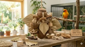 A hanging bird toy crafted from a natural coconut shell with sisal rope fibers.