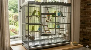 A space-saving corner bird cage for parakeets featuring a decorative Victorian top and secure door latches.