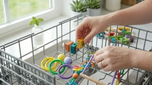 Plastic bird toys arranged on the top rack of a dishwasher for high-heat sanitization.