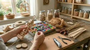 A bird owner using various bird toy parts and supplies to assemble a custom, stimulating toy for their pet bird.
