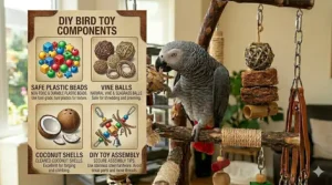 A variety of safe bird toy components including plastic beads, vine balls, and coconut shells for DIY assembly.