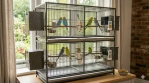 A professional double-stack parakeet breeding cage setup with central dividers and external nesting box attachments.